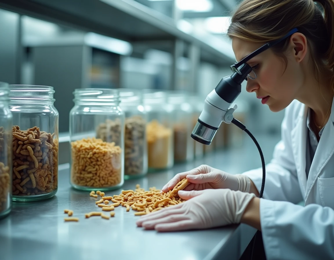 Nutritionniste en blouse blanche examinant des vers de farine séchés en laboratoire, avec des bocaux d'insectes comestibles en arrière-plan