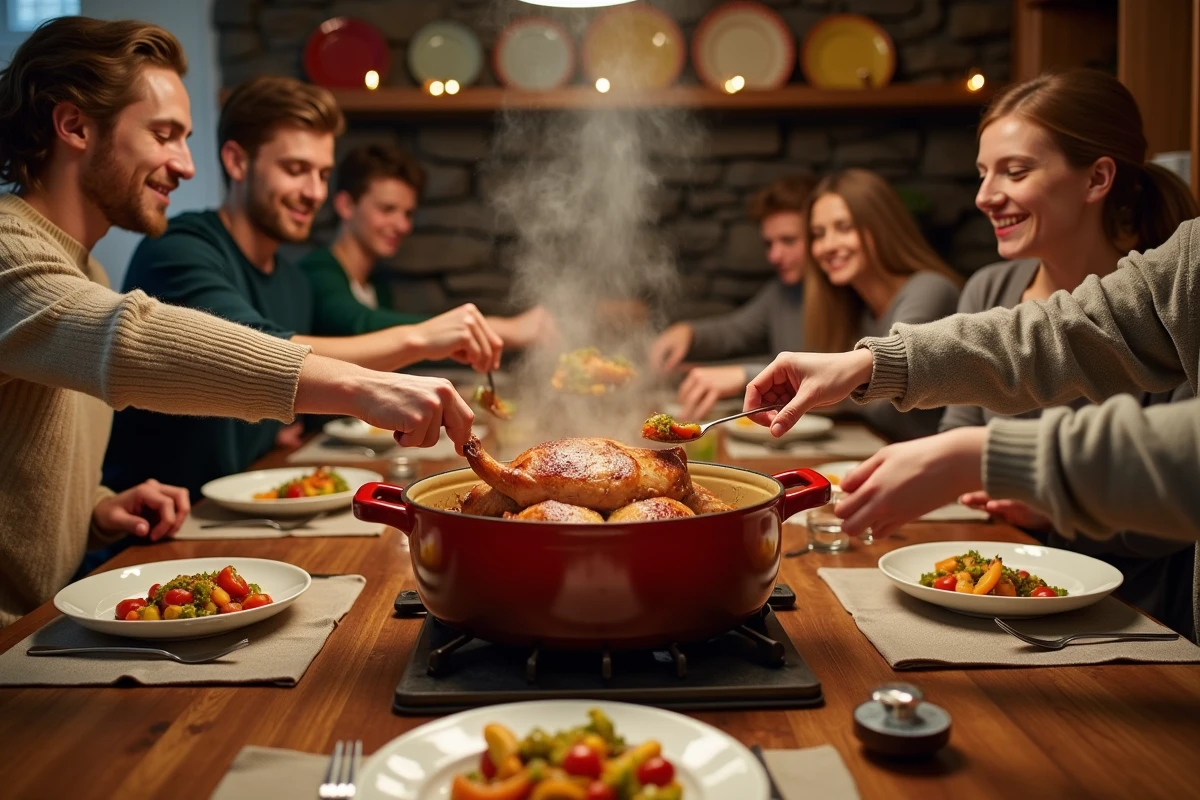 Groupe de personnes se servant du porc rôti à une table conviviale