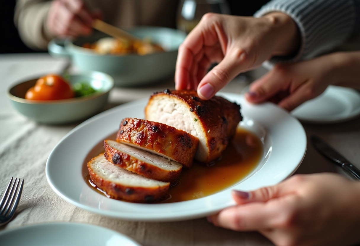 Mains servant des tranches de porc rôti sur une table de famille