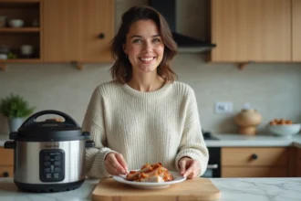 Femme souriante servant du rôti de porc dans la cuisine
