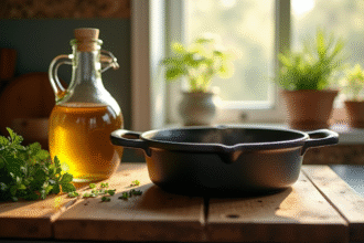 Set de cocottes en fonte avec huile et herbes fraîches