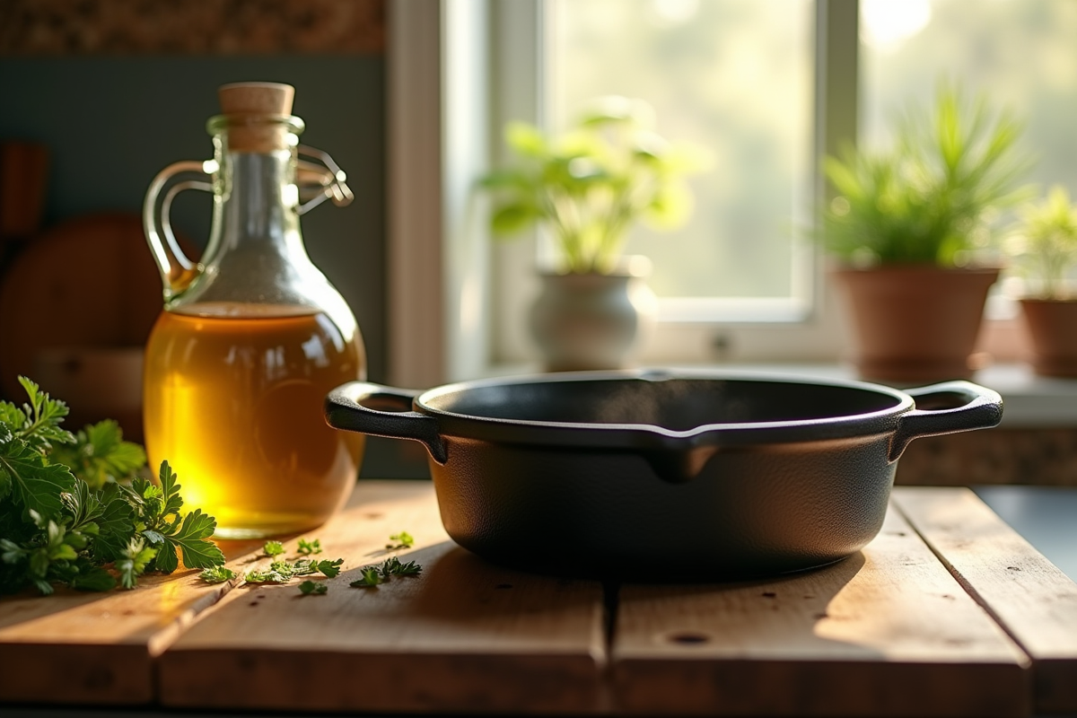 Set de cocottes en fonte avec huile et herbes fraîches