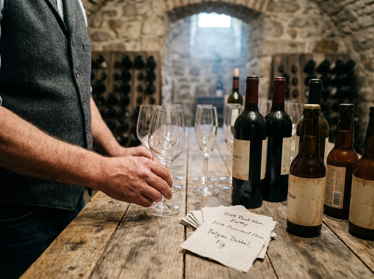 Sommelier arrangeant des verres de dégustation et des fiches de notes pour renouveler la carte des vins d'un restaurant