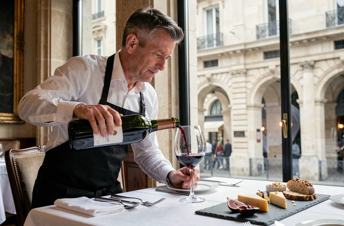 Sommelier versant du vin rouge dans un grand restaurant parisien avec vue sur les arcades de Rivoli, service gastronomique raffiné