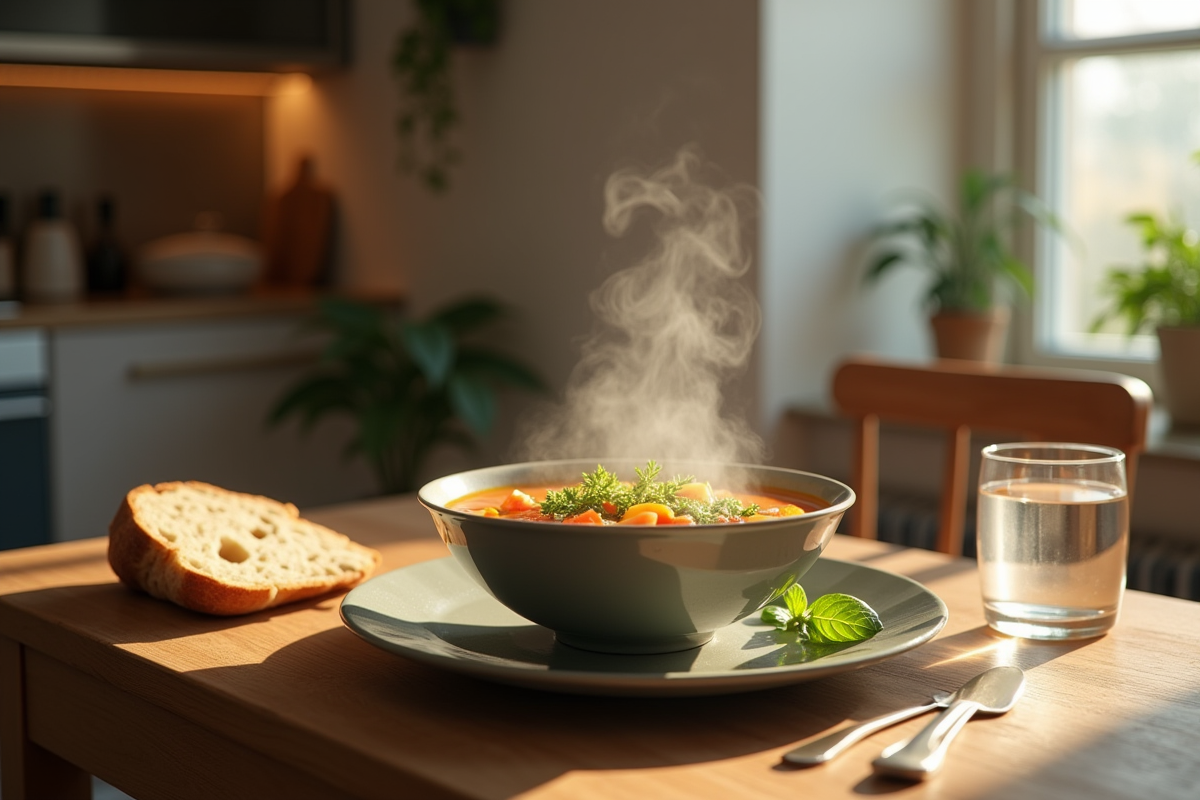 Bol de soupe de légumes avec pain et herbes fraîches