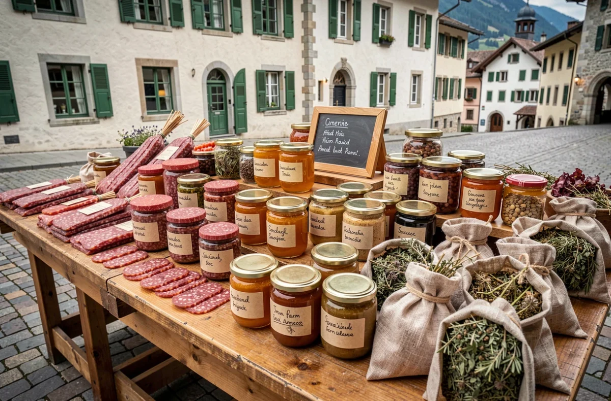Étal de marché avec spécialités savoyardes, saucisson, miel artisanal et herbes séchées à Annecy