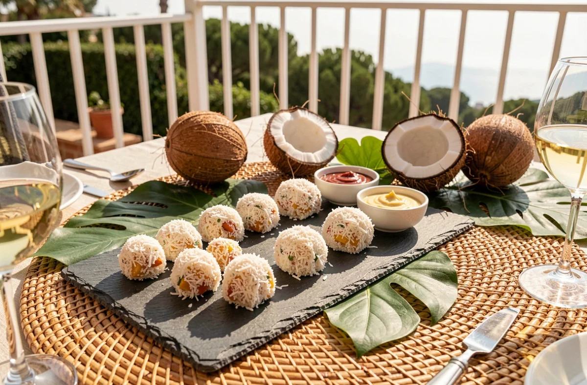 Table d'apéro en plein air avec des bouchées croustillantes aux vers de coco sur ardoise, accompagnées de sauces et éléments tropicaux décoratifs