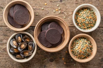 Table de plats riches en fer : boudin noir, moules, graines et lentilles