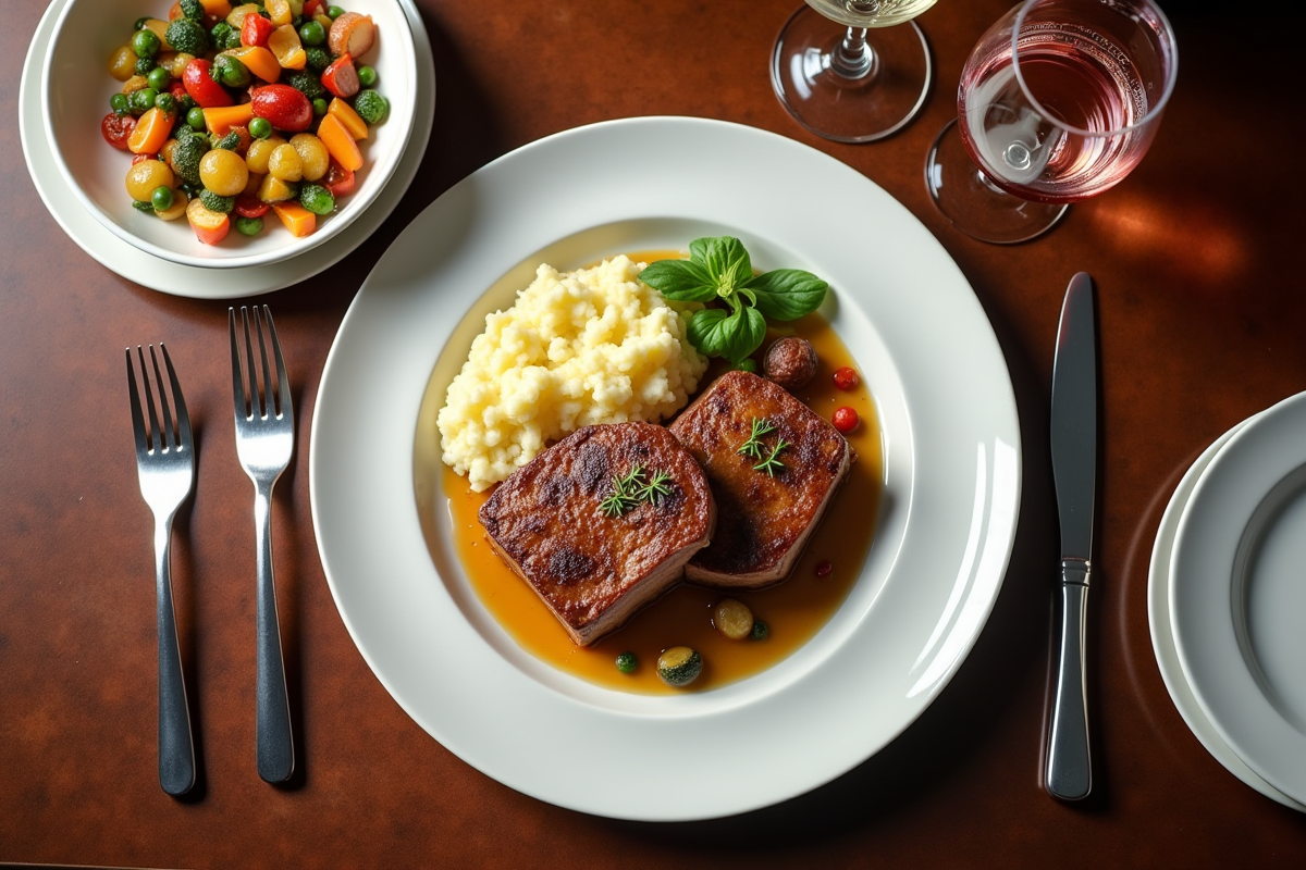Table élégante avec blanquette de veau et verres de vin et eau