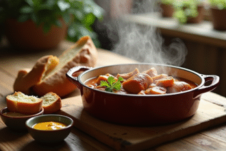 Table rustique avec carbonade flamande et pain frais