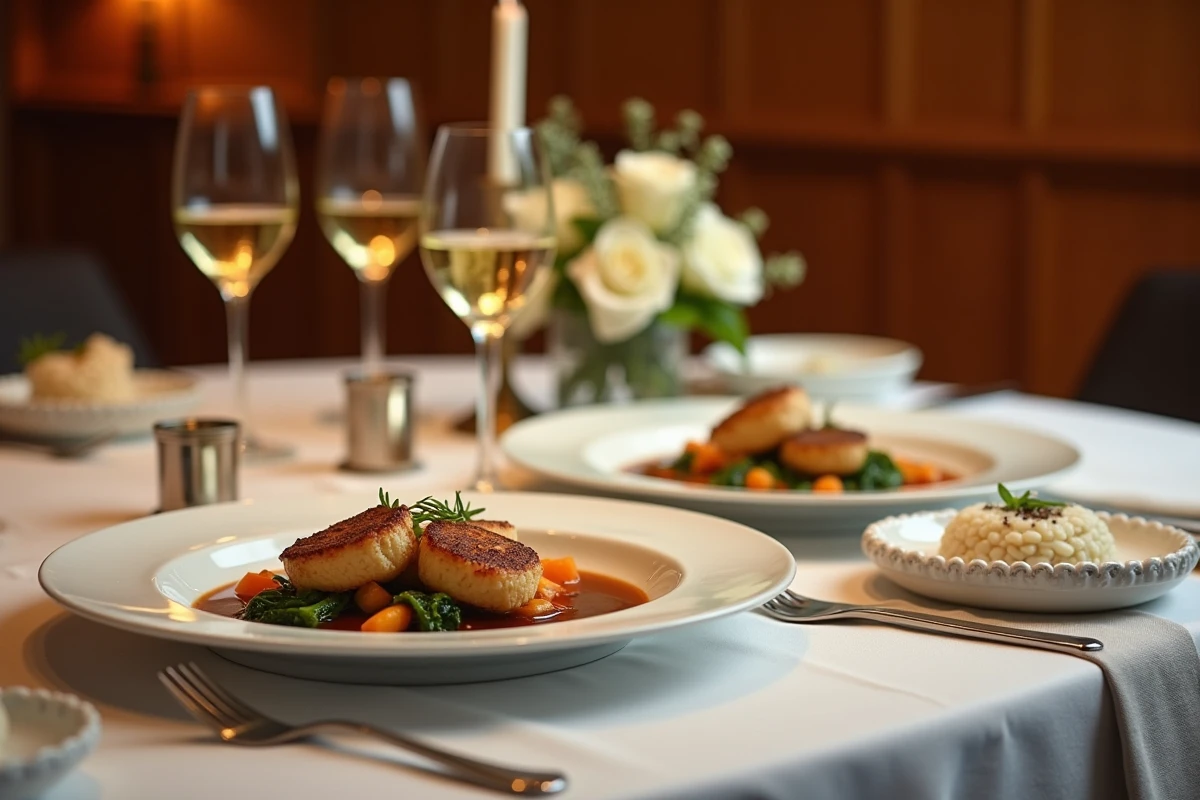 Table dressée pour un dîner chic avec paupiettes de veau, légumes glacés et risotto à la truffe pour deux convives