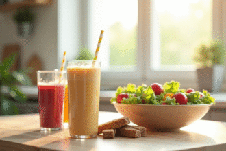 Table moderne avec repas sains et colorés pour la nutrition