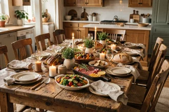 Grande table dressée pour 10 personnes avec plats à partager pour un repas convivial entre amis