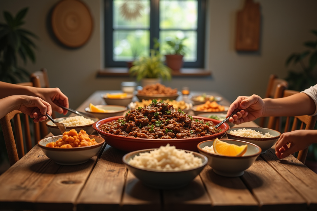 Table rustique avec feijoada et famille partageant le repas