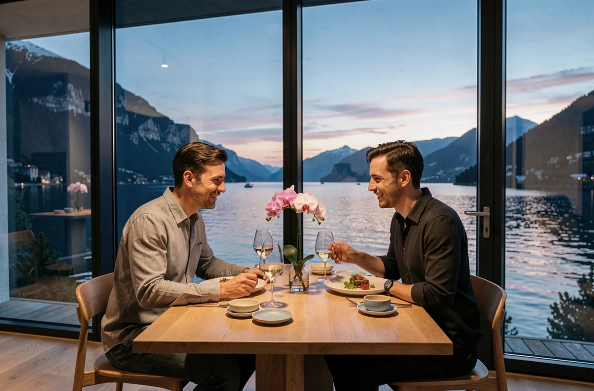 Salle de restaurant La Table de Yoann Conte avec vue panoramique sur le lac Annecy au crépuscule, couple attablé devant une vaisselle minimaliste raffinée