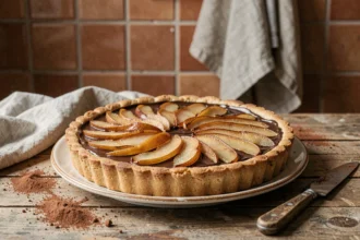 Tarte poire chocolat entière sur table en bois rustique avec croûte dorée et croustillante