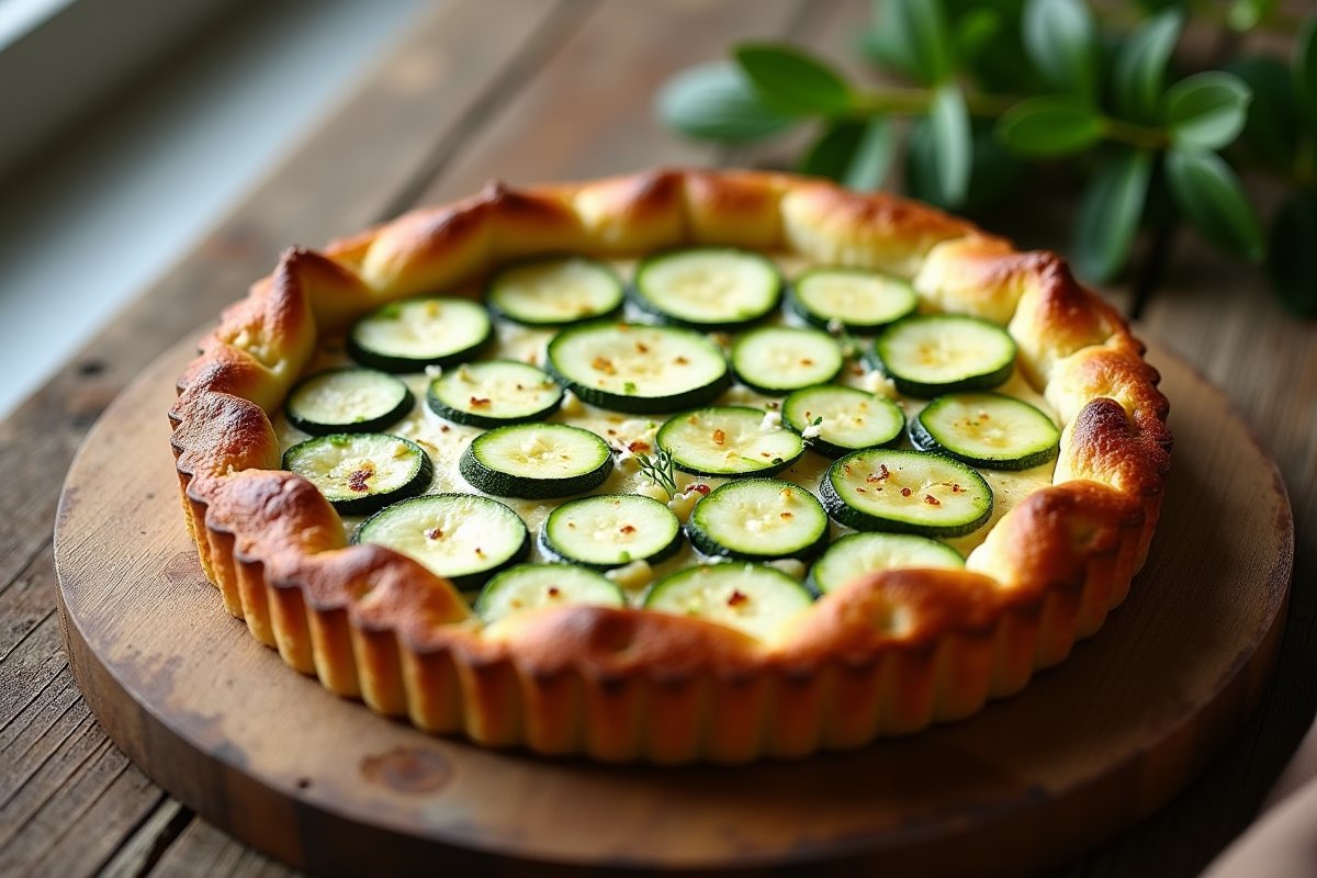 Tarte courgette et chèvre fraîche sur table en bois