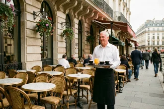 Terrasse animée du Café du Châtelet avec des chaises en rotin, des tables en marbre et un serveur parisien typique au cœur de Paris