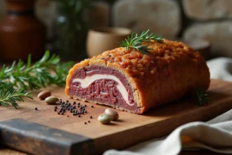 Terrine de gibier démoulée sur planche en bois avec herbes fraîches et poivre noir, cuisinée au four pour une texture moelleuse et fondante