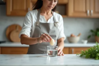 Femme réalisant le test de fraîcheur d'un œuf dans un verre d'eau dans une cuisine moderne