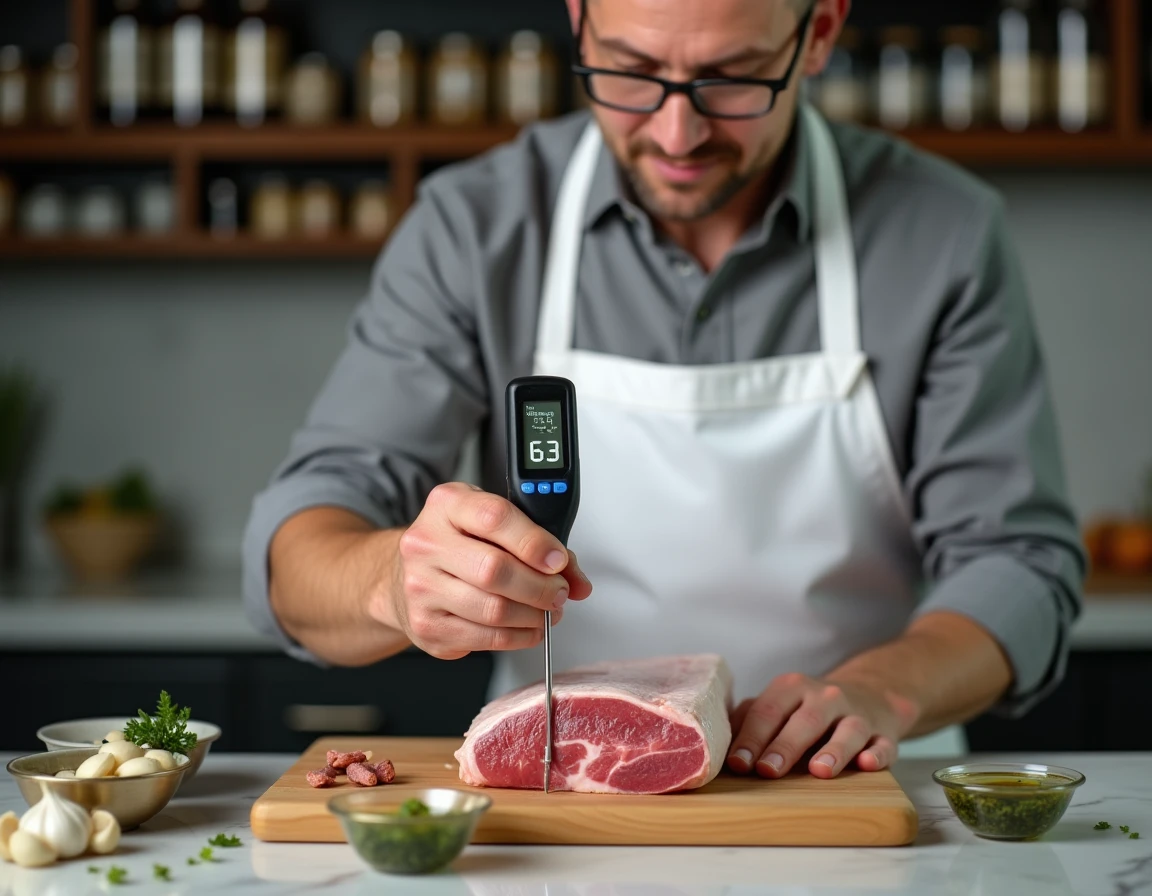 Chef vérifiant la température interne d'un filet mignon avec un thermomètre de cuisine pour une cuisson précise