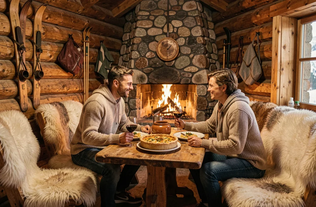 Restaurant montagnard Tire Toi Une Bûche avec mobilier en rondins, cheminée en pierres de rivière et couple savourant une tartiflette au coin du feu