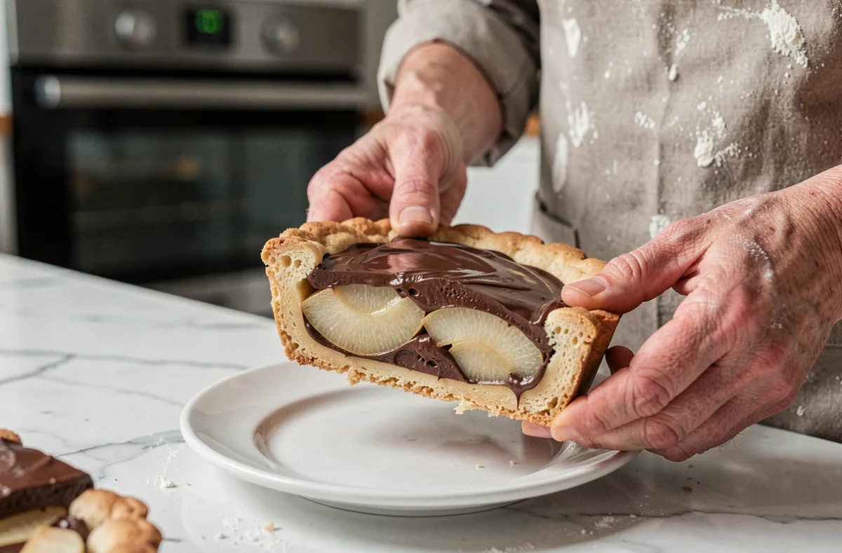 Tranche de tarte poire chocolat à la croûte non détrempée servie sur assiette blanche