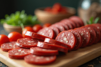 Tranches de chorizo sur planche en bois pour l'article