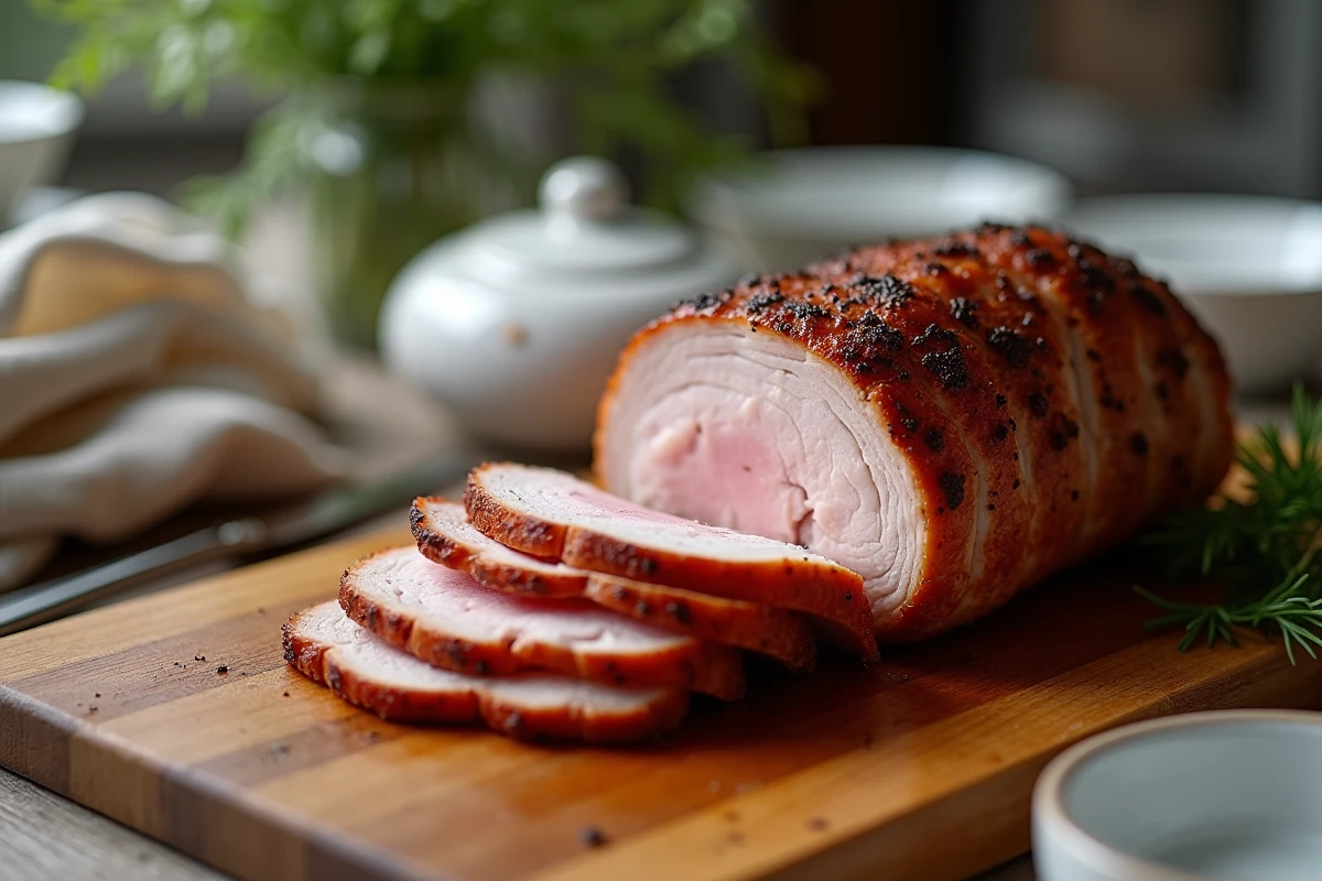 Tranches de porc rôti sur planche en bois