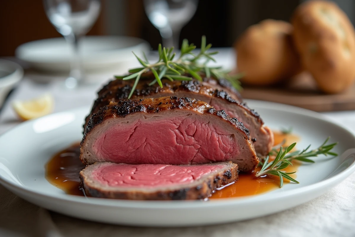 Tranches de rôti de boeuf révélant différents degrés de cuisson, du saignant au à point, sur une assiette blanche avec tableau de cuisson