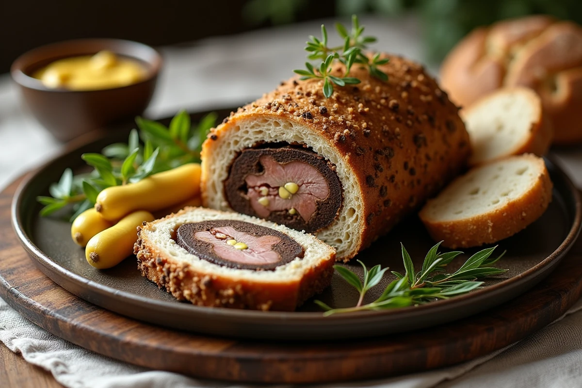 Tranches de terrine de gibier servies avec cornichons et pain rustique, révélant une texture fondante et moelleuse après cuisson au four