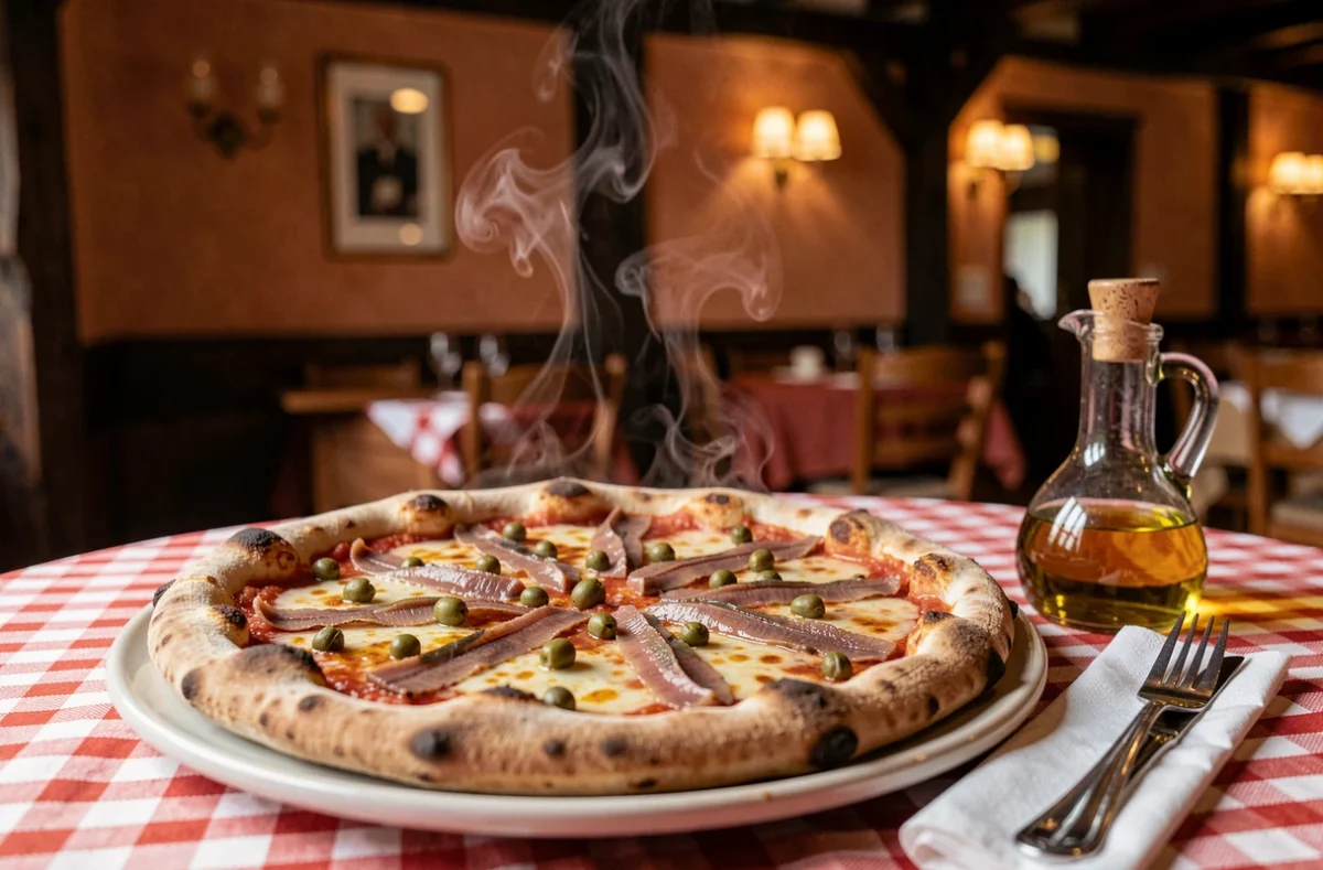 Pizza Romana aux anchois, câpres et olives servie sur nappe à carreaux rouges et blancs à la Trattoria Roma de Pont-Audemer
