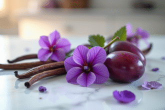 Nature morte avec vanille violets et prunes sur marbre