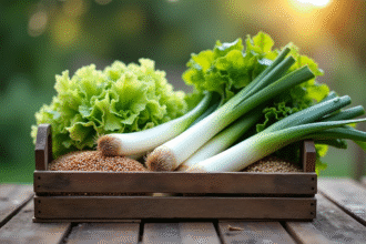 Légumes frais récoltés dans une caisse en bois rustique