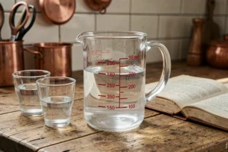 Verre doseur rempli à 25 cl posé sur un plan de travail en bois dans une cuisine rustique