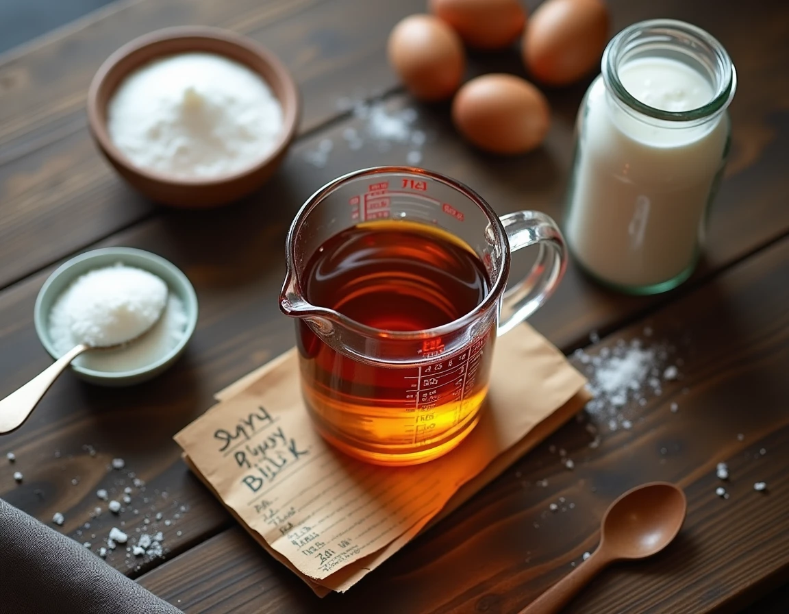 Vue du dessus d'un verre doseur en centilitres entouré d'ingrédients sucrés pour une recette pâtissière