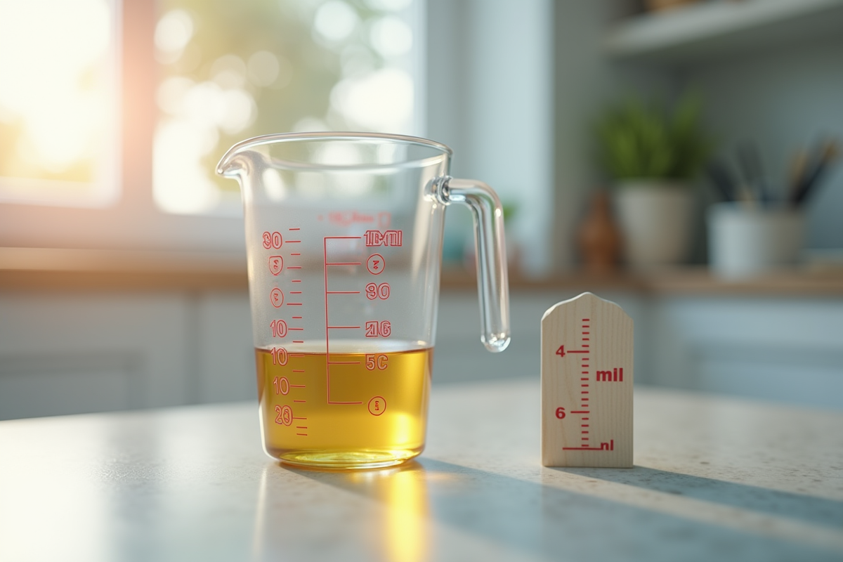 Verre mesure liquide sur plan de cuisine lumineux