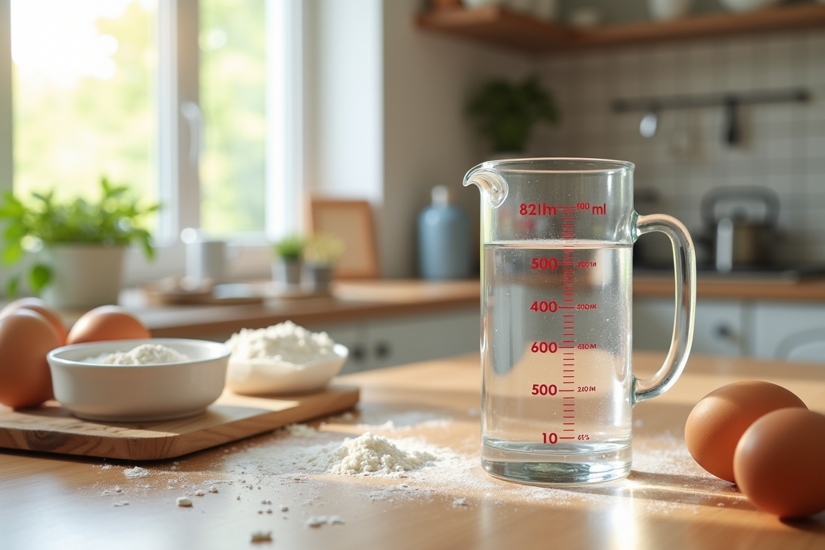 Verre mesureur d'eau de 500 ml sur une table en bois avec ingrédients frais