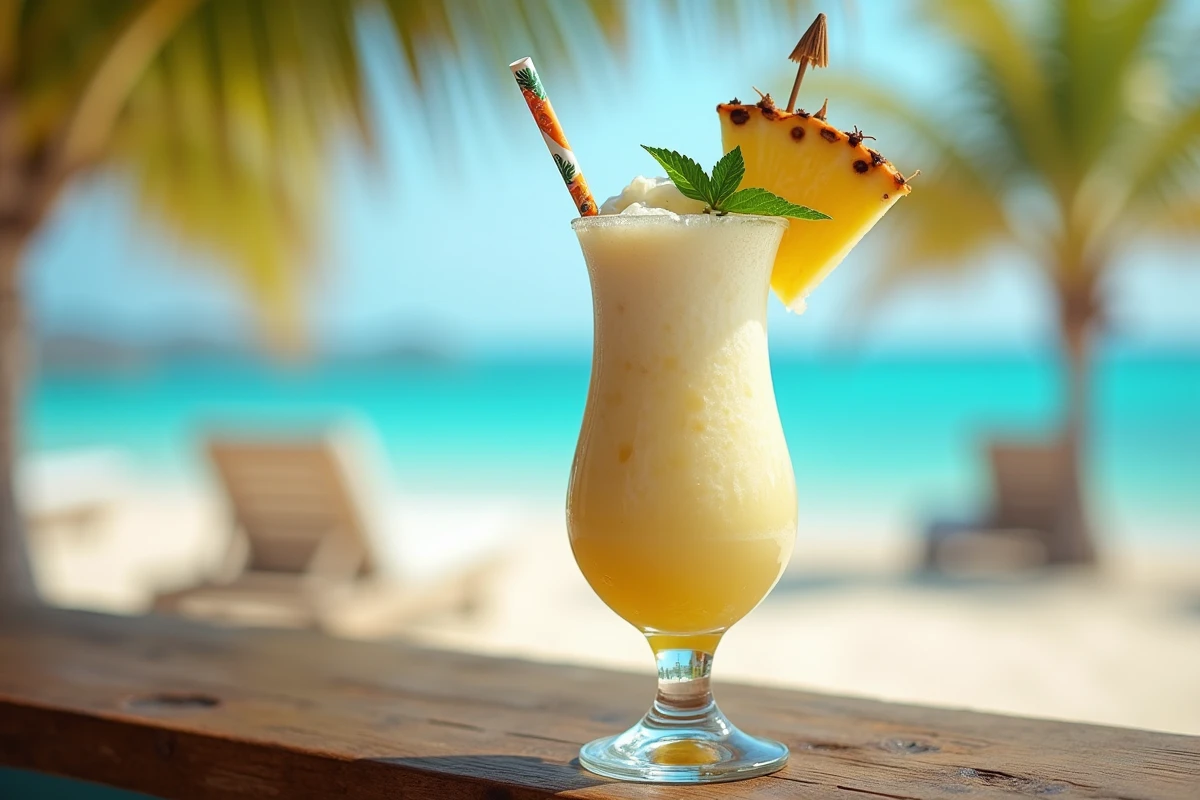 Verre de Piña Colada servi avec une tranche d'ananas et une paille sur un bar de plage tropical, condensation visible sur le verre
