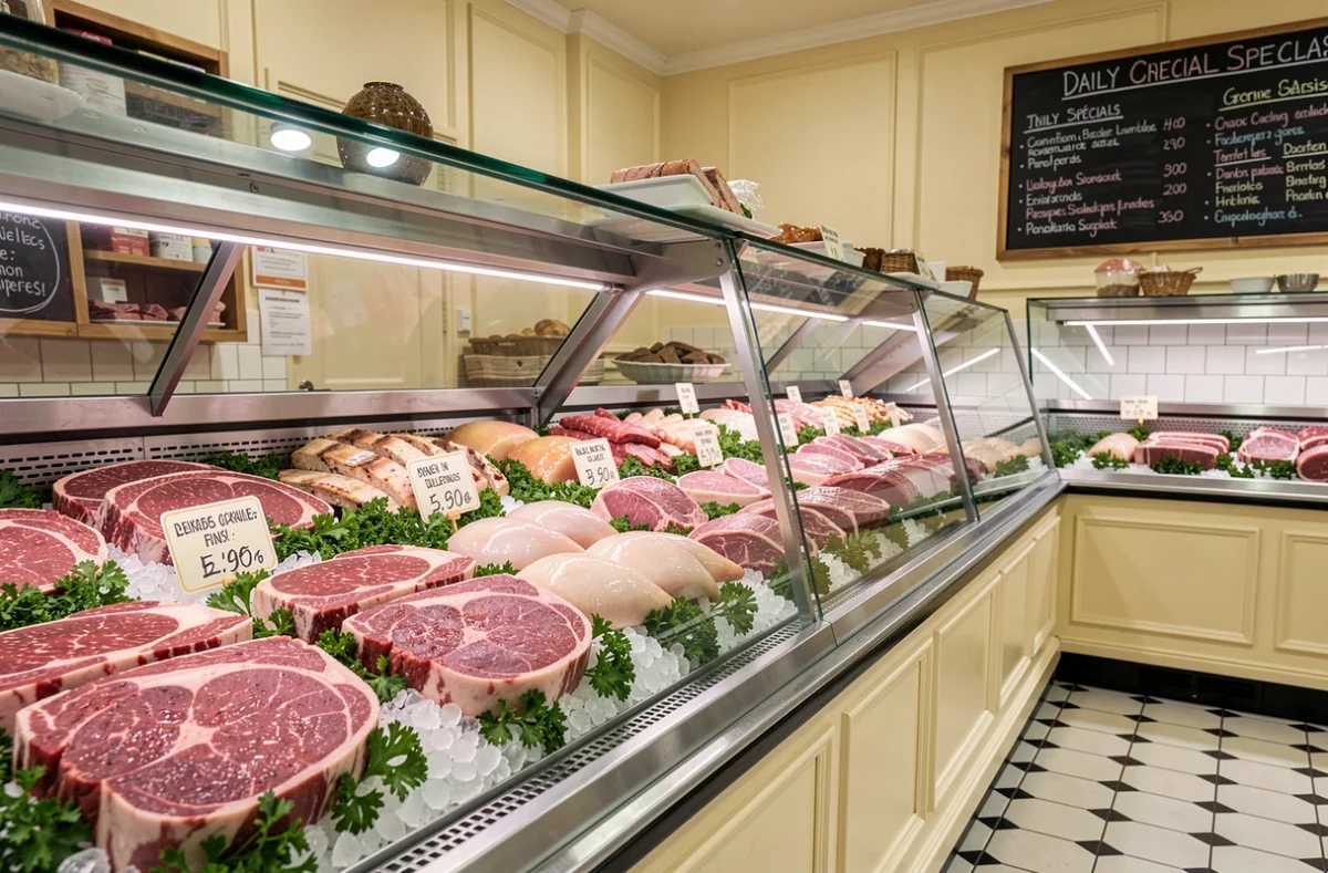 Vitrine d'une boucherie ouverte avec une sélection de viandes fraîches, côtelettes et steaks présentés sur lit de persil