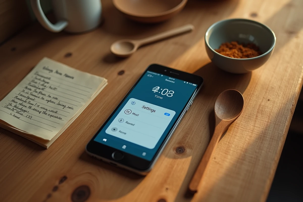 Vue aérienne d'un smartphone affichant un minuteur de cuisson en ligne sur une table en bois avec une fiche de recette manuscrite